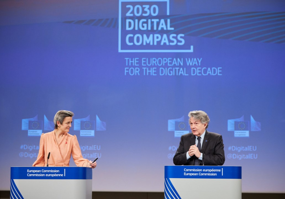 Margrethe Vestager and Thierry Breton presenting the Digital Compass on 9 March 2021. Source: EU Commission