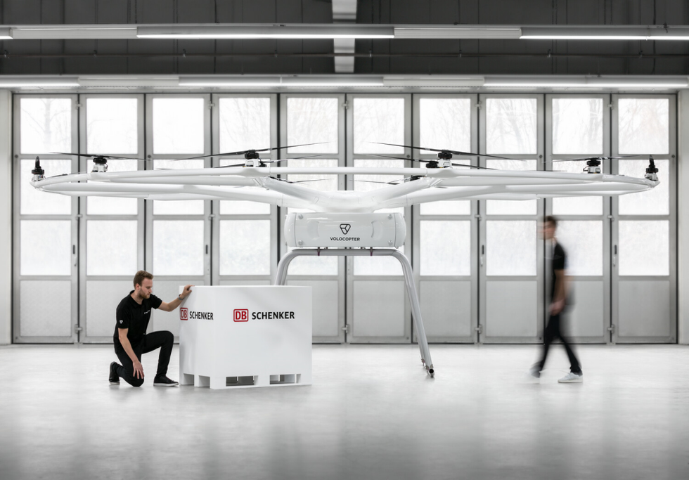 Proof of concept for the Schenker and Volocopter electric mobility drone. Credit: Volocopter