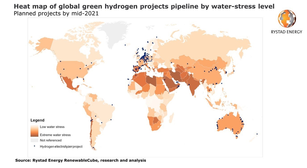 Heat map of global green hydrogen projects by water-stress level. Source: Rystad Energy