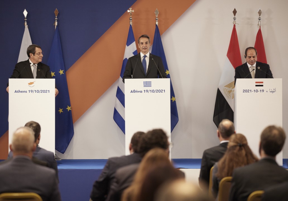 Cyprus President Nicos Anastasiades, Greek Prime Minister Kyriakos Mitsotakis, Egyptian President Abdel-Fattah el-Sisi. Photo: Prime Minister GR via Twitter