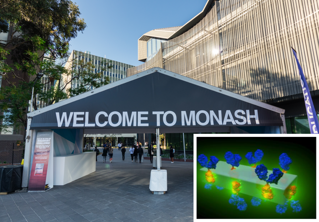 Monash Australia Clayton Campus with metal-organic framework overlayed. Credit: Credit: Nils Versemann / Shutterstock (left); Monash University (right).
