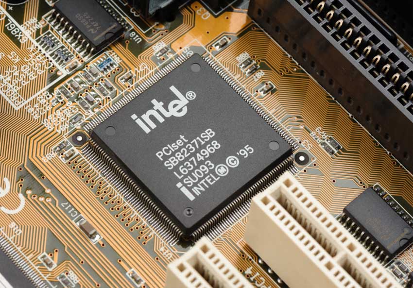 Intel logo on a semiconductor. Credit: Nor Gal / Shutterstock