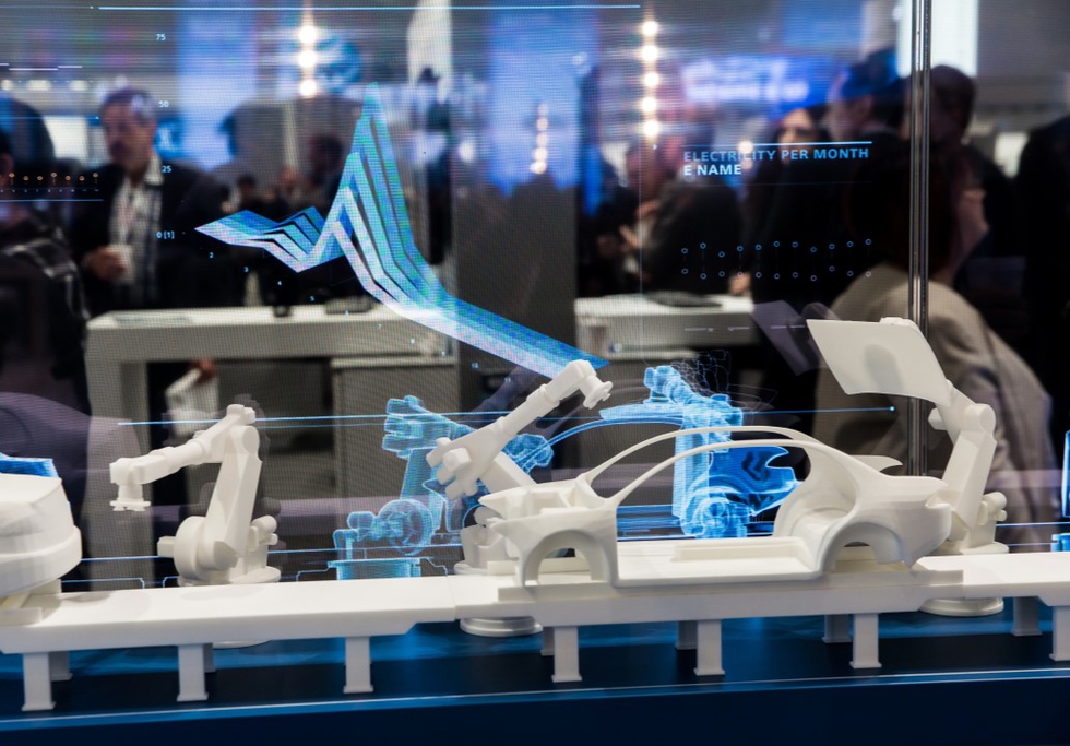 Digital twin of car manufacturing on the Siemens stand at Messe fair in Hannover, Germany, April 2018. Credit: Alexander Tolstykh / Shutterstock