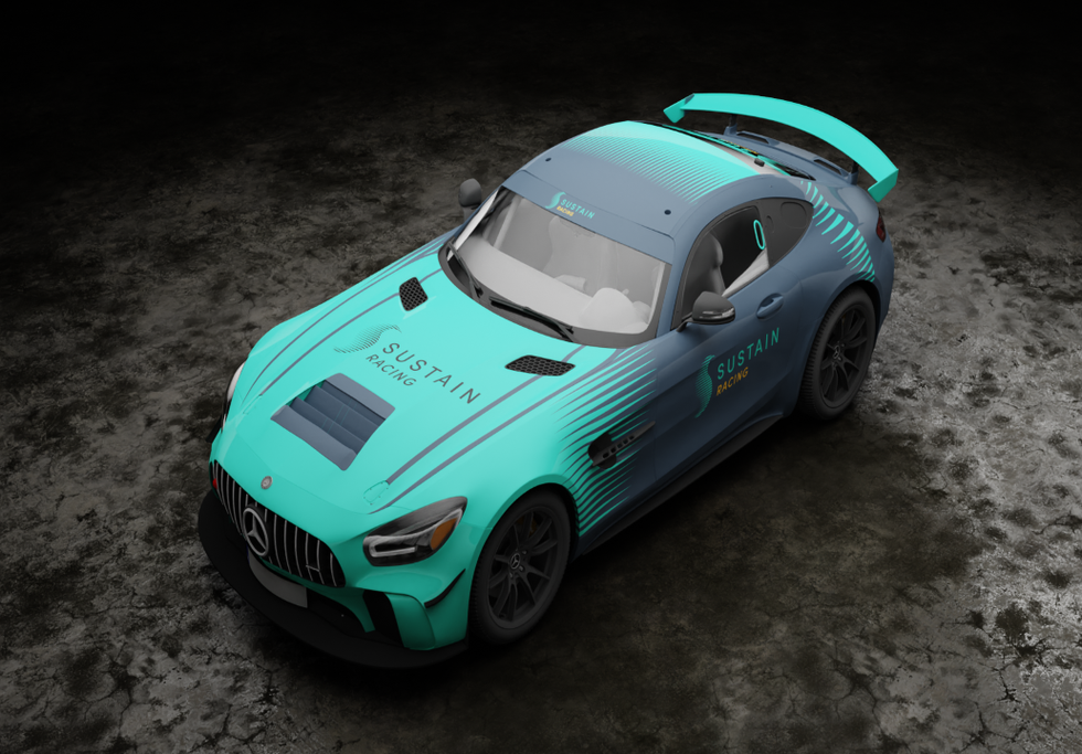 A 3D render of the Sustain Racing logoed Bremotion Mercedes-AMG GT4 car which is on display at PMW Expo.png